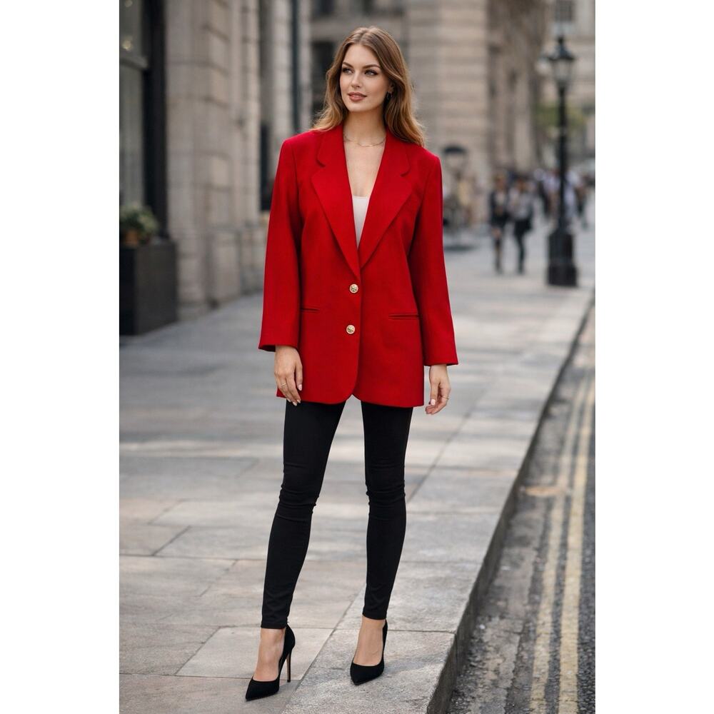 Vintage Norton McNaughton Red Virgin Wool 90s Oversize Blazer Coat Gold Button 8